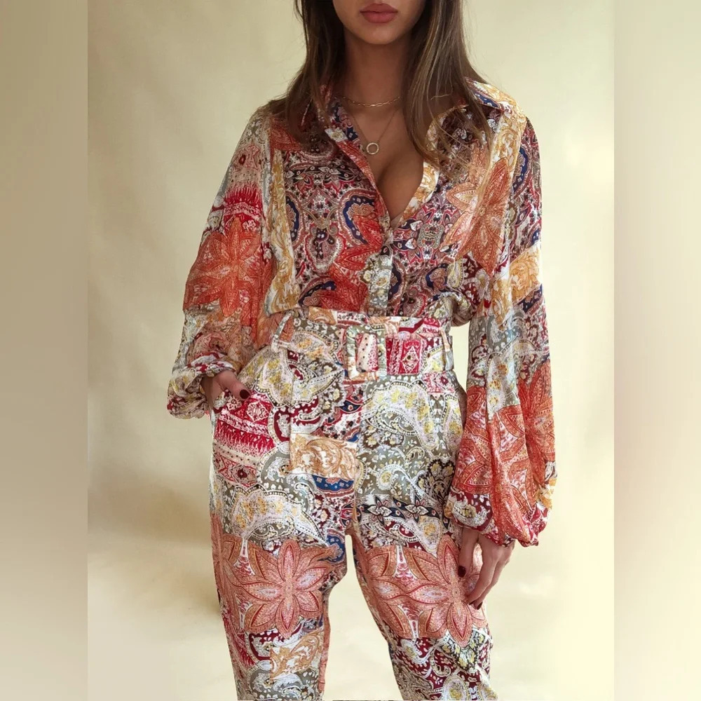 A Peach Masala Paisley Flower Design Trouser Set Size Large NWT - Picture 3 of 13